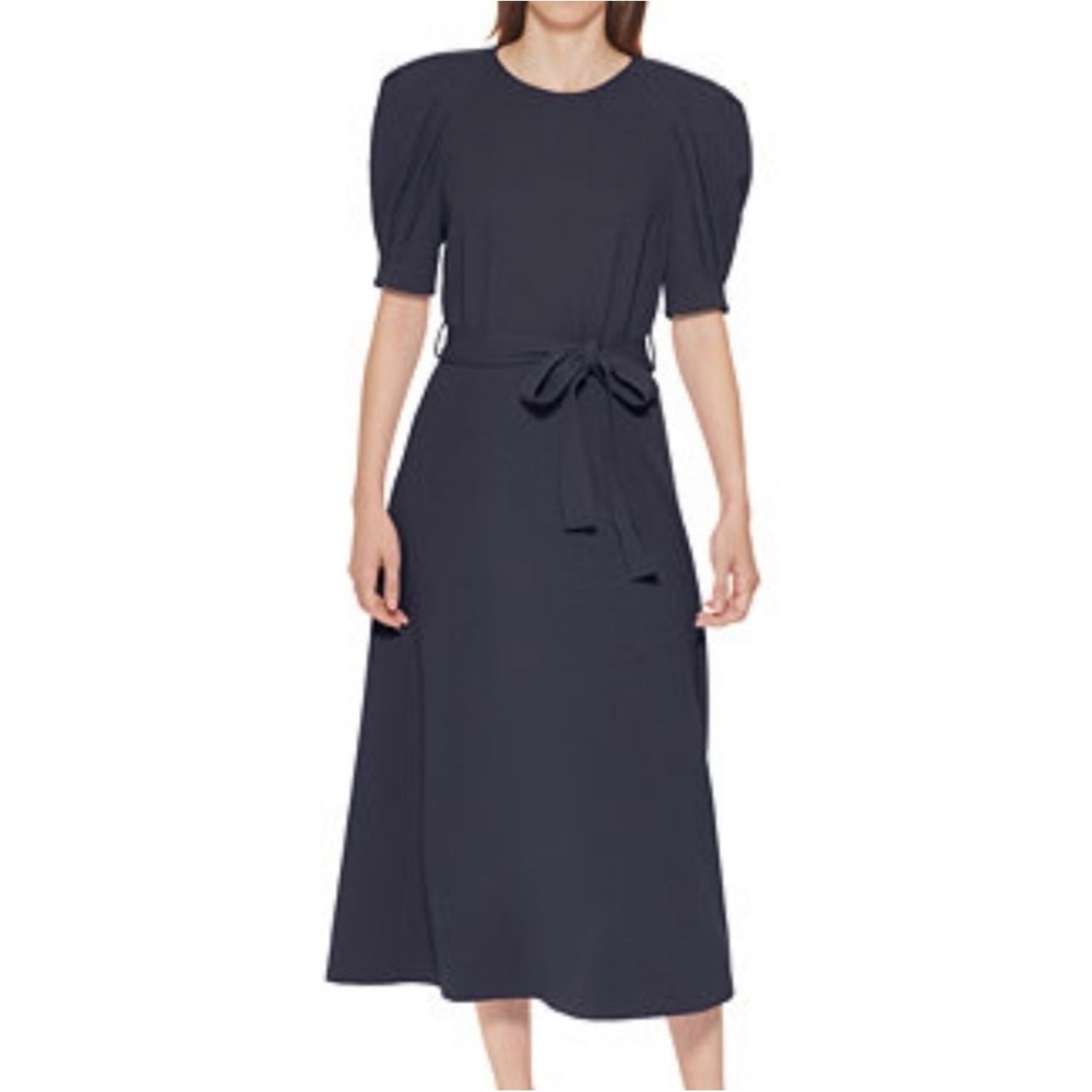Calvin Klein Navy Puff Sleeve Belt Tie Waist Midi Dress Size 14W Altered Hem